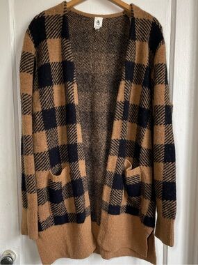 Flawless Buffalo Plaid Cardigan ML Camel Black Open Front Pockets Longline Knit